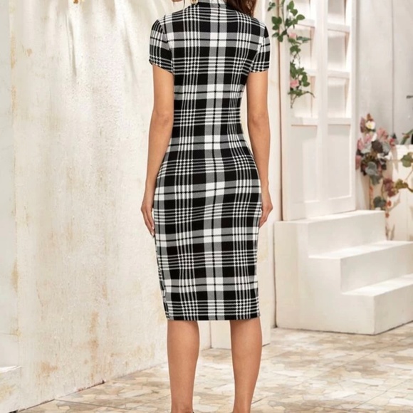 Mock Neck Plaid Pencil Dress - Picture 2 of 6